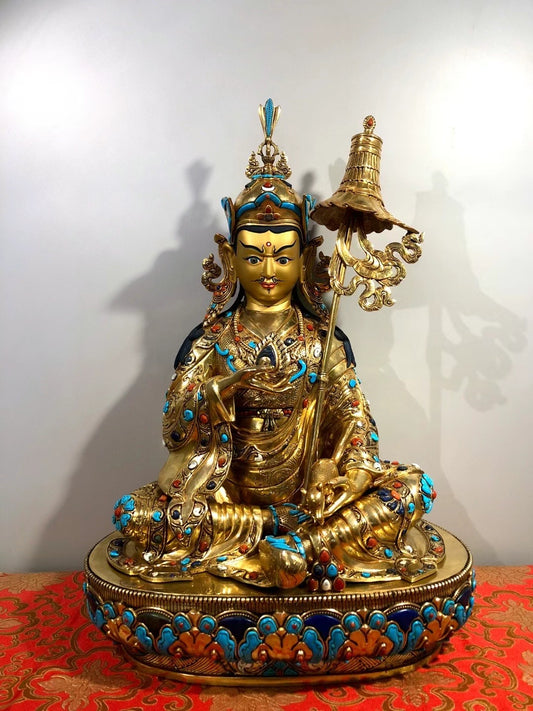 Guru Jambhala Buddha Statue 48cm / 18.9" Hand-Carved Copper Gilded with Gemstone Inlay – Lotus-Born Wealth Deity Himalayan Art Collection Nepal | Bo Tree Arts