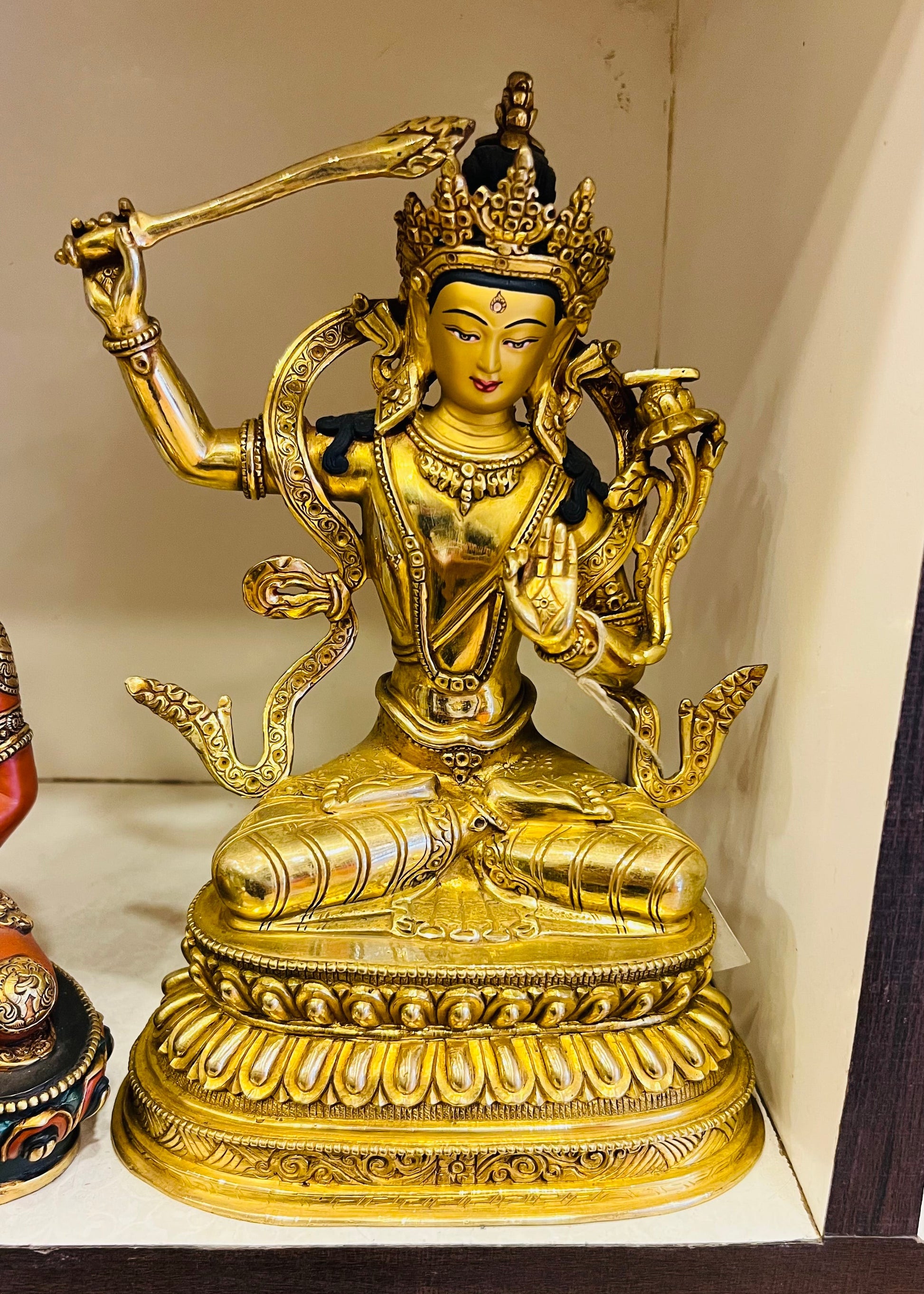 Manjushri Buddha Statue 25cm / 9.8" Hand-Carved Copper Gilded with Double Lotus Throne – Bodhisattva of Wisdom Himalayan Art Nepal | Bo Tree Arts