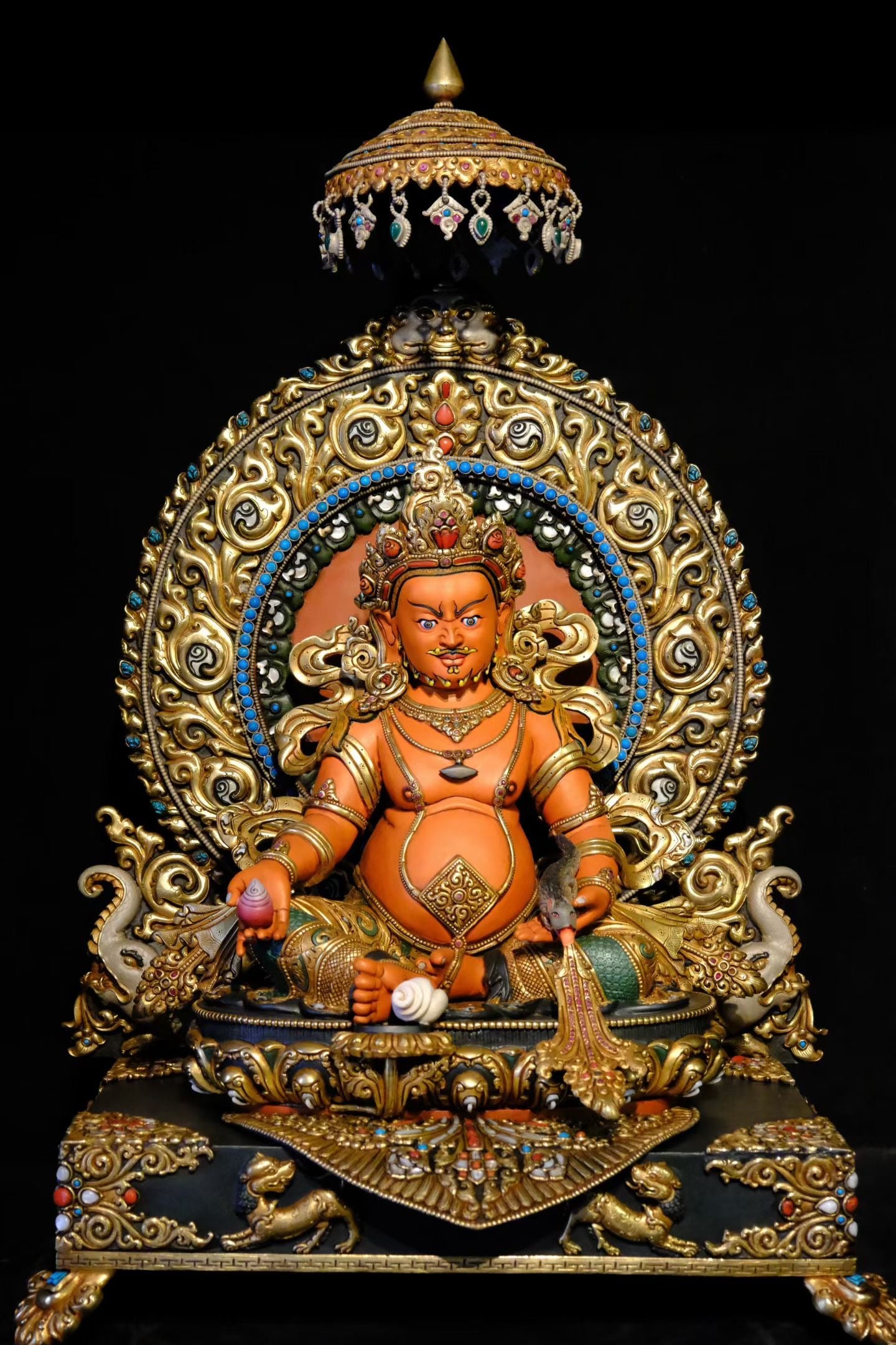 Yellow Jambhala Buddha Statue 58cm / 22.8" Hand-Carved Copper Painted with Gemstone Inlay – Traditional Himalayan Art Collection Nepal – Handmade Tibetan Buddhist Statue, Lost-Wax Cast Himalayan Art from Nepal