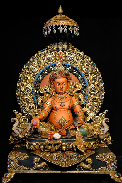 Yellow Jambhala Buddha Statue 58cm / 22.8" Hand-Carved Copper Painted with Gemstone Inlay – Traditional Himalayan Art Collection Nepal