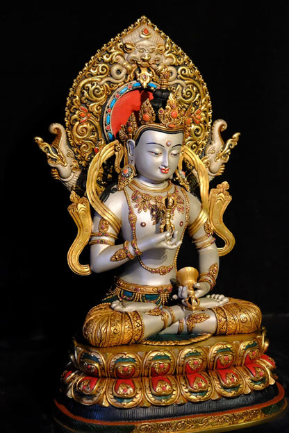 Vajrasattva (Dorje Sempa) Buddha Statue 42cm / 16.5" Hand-Carved Copper Gilded Painted with Mandorla – Masterwork Himalayan Art Nepal
