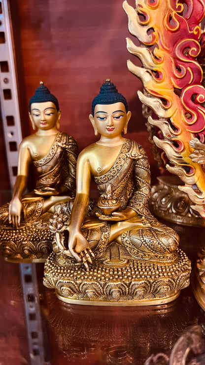 Triple Gem Buddha (Shakyamuni Medicine Buddha Amitabha) Statues 14cm / 5.5" Hand-Carved Copper Gilded – Himalayan Art Nepal