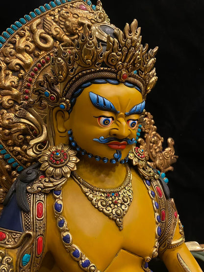 Yellow Jambhala (Wealth Deity) Buddha Statue 55cm / 21.7" Hand-Carved Copper Gilded Painted with Mandorla – Unique Himalayan Art Nepal
