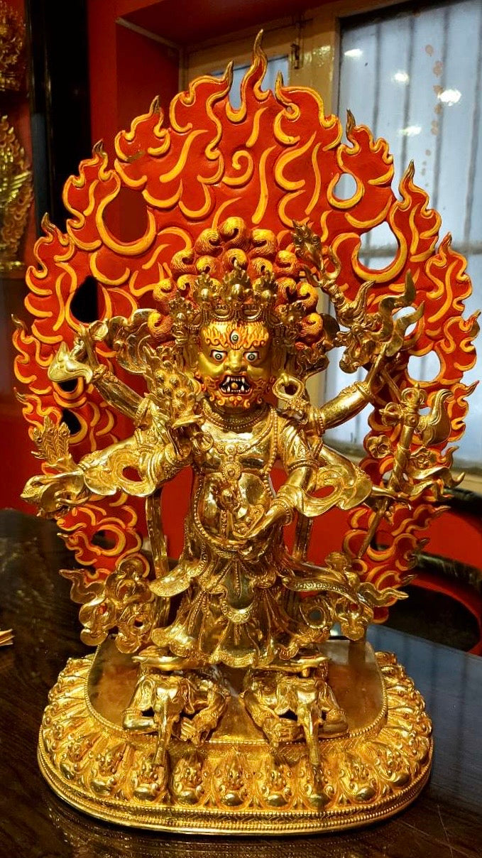 White Mahakala (Shadbhuja Sita) Protector Statue 48cm / 18.9" Hand-Carved Copper Gilded Painted with Mandorla – Himalayan Art Nepal | Bo Tree Arts