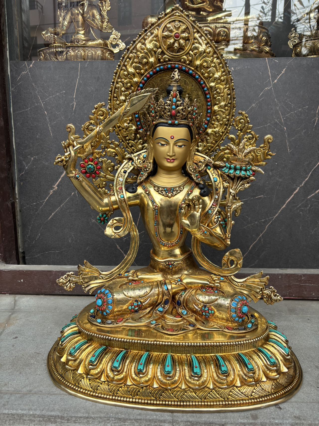 Manjushri (Bodhisattva of Wisdom) Buddha Statue 50cm / 19.7" Hand-Carved Copper Gilded Himalayan Art Nepal – Handmade Tibetan Buddhist Statue, Lost-Wax Cast Himalayan Art from Nepal