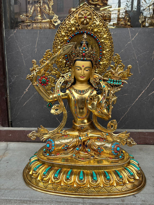 Manjushri (Bodhisattva of Wisdom) Buddha Statue 50cm / 19.7" Hand-Carved Copper Gilded Himalayan Art Nepal | Bo Tree Arts