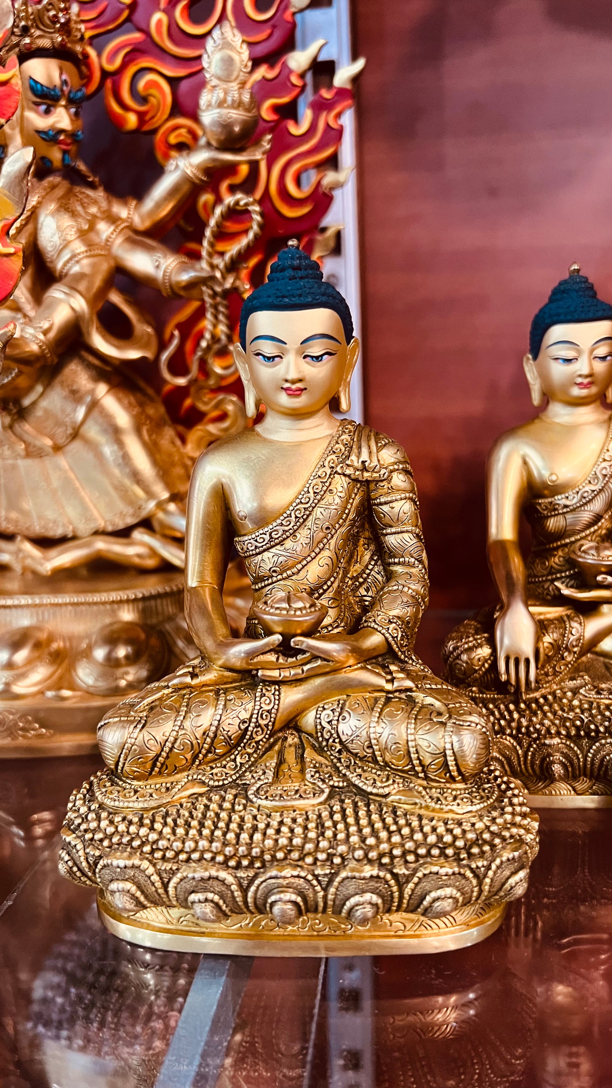 Triple Gem Buddha (Shakyamuni Medicine Buddha Amitabha) Statues 14cm / 5.5" Hand-Carved Copper Gilded – Himalayan Art Nepal | Bo Tree Arts