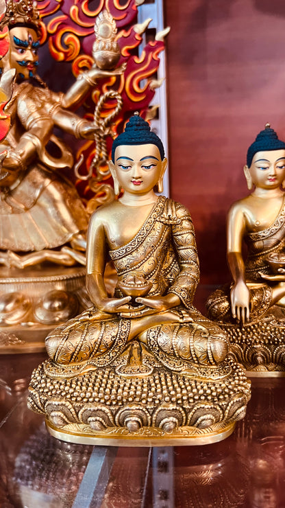 Triple Gem Buddha (Shakyamuni Medicine Buddha Amitabha) Statues 14cm / 5.5" Hand-Carved Copper Gilded – Himalayan Art Nepal