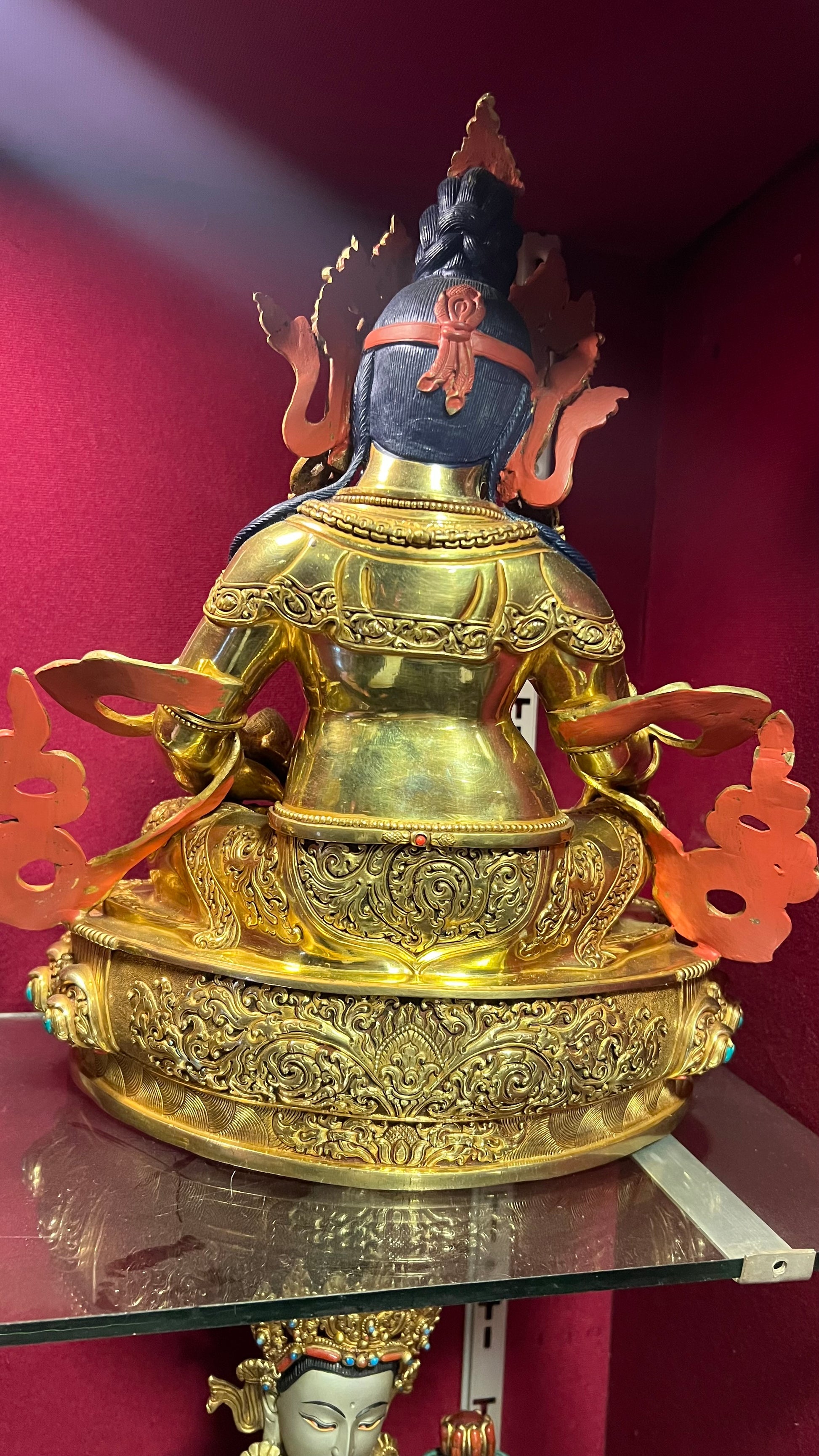 33cm Yellow Dzambhala Hand-Carved Brass Statue – Tibetan Buddhist Wealth Deity, Jambhala Kubera Altar Sculpture from Nepal | Bo Tree Arts