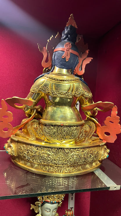 33cm Yellow Dzambhala Hand-Carved Brass Statue – Tibetan Buddhist Wealth Deity, Jambhala Kubera Altar Sculpture from Nepal