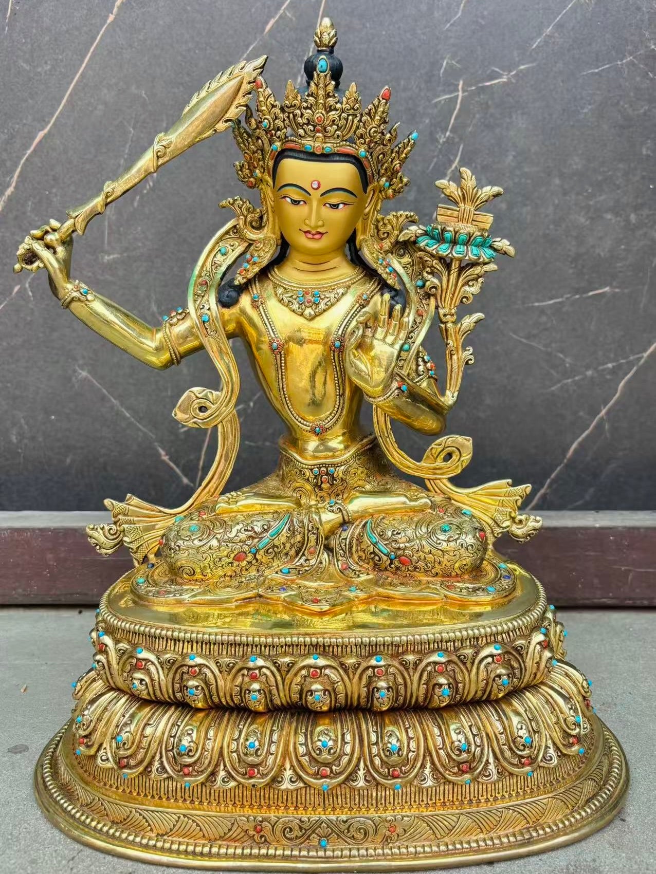 Manjushri Buddha Statue 40cm / 15.7" Hand-Carved Copper Gilded – Handmade in Nepal | Bo Tree Arts