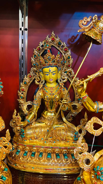 33cm Sitatapatra White Parasol Buddha Statue Hand-Carved Copper Gilded with Gemstone Inlay & Mandorla – Tibetan Buddhist Dharma Protector Deity Masterwork Nepal