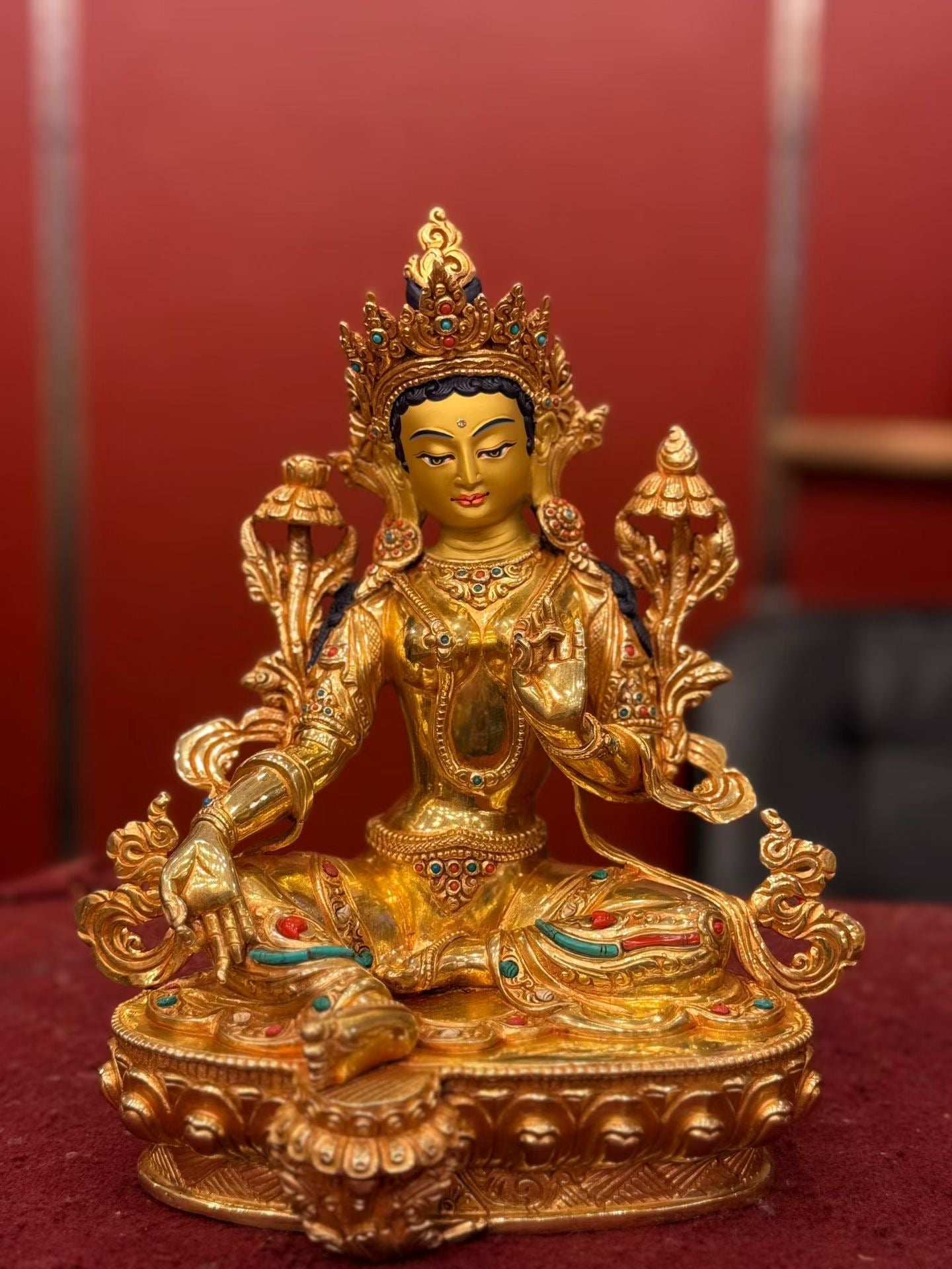 Green Tara (Mother of Liberation) Buddha Statue 25cm / 9.8" Hand-Carved Copper Gilded – Himalayan Art Nepal – Handmade Tibetan Buddhist Statue, Lost-Wax Cast Himalayan Art from Nepal