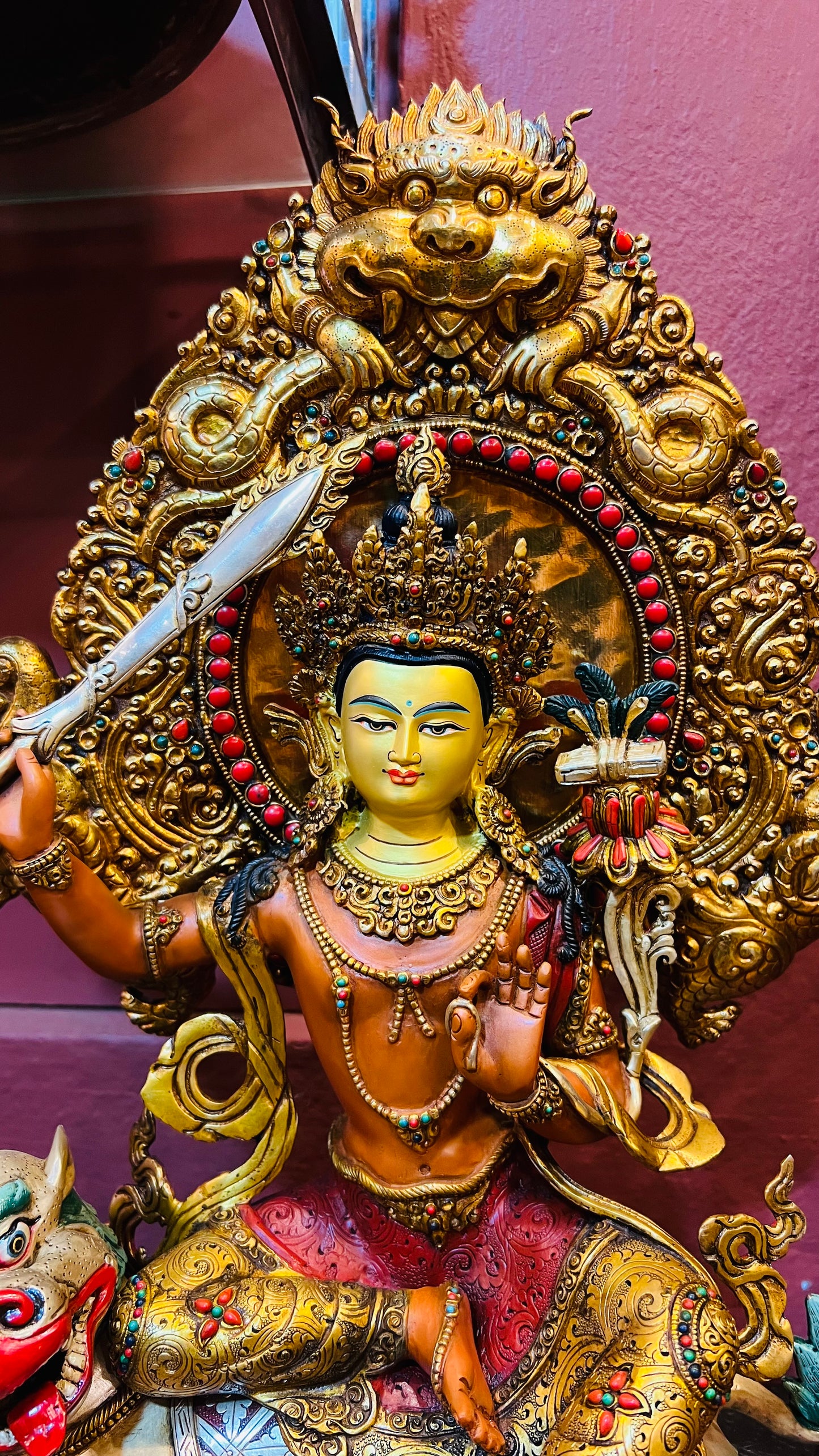50cm Simhanada Manjushri Riding a Lion Statue Hand-Carved Copper Painted with Mandorla – Tibetan Style Wisdom Bodhisattva Masterwork Nepal – Handmade Tibetan Buddhist Statue, Lost-Wax Cast Himalayan Art from Nepal