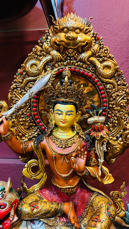 50cm Simhanada Manjushri Riding a Lion Statue Hand-Carved Copper Painted with Mandorla – Tibetan Style Wisdom Bodhisattva Masterwork Nepal