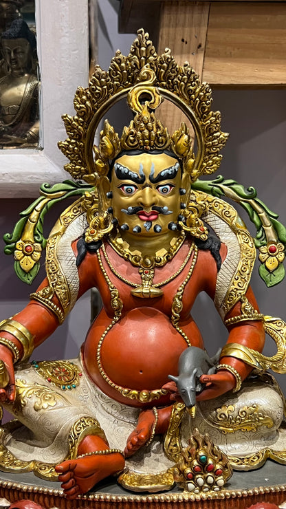 38cm Yellow Jambhala Statue Hand-Carved Copper Painted with Gemstone Inlay & Ornate Throne – Museum-Quality Tibetan Style Wealth Deity Masterwork Nepal