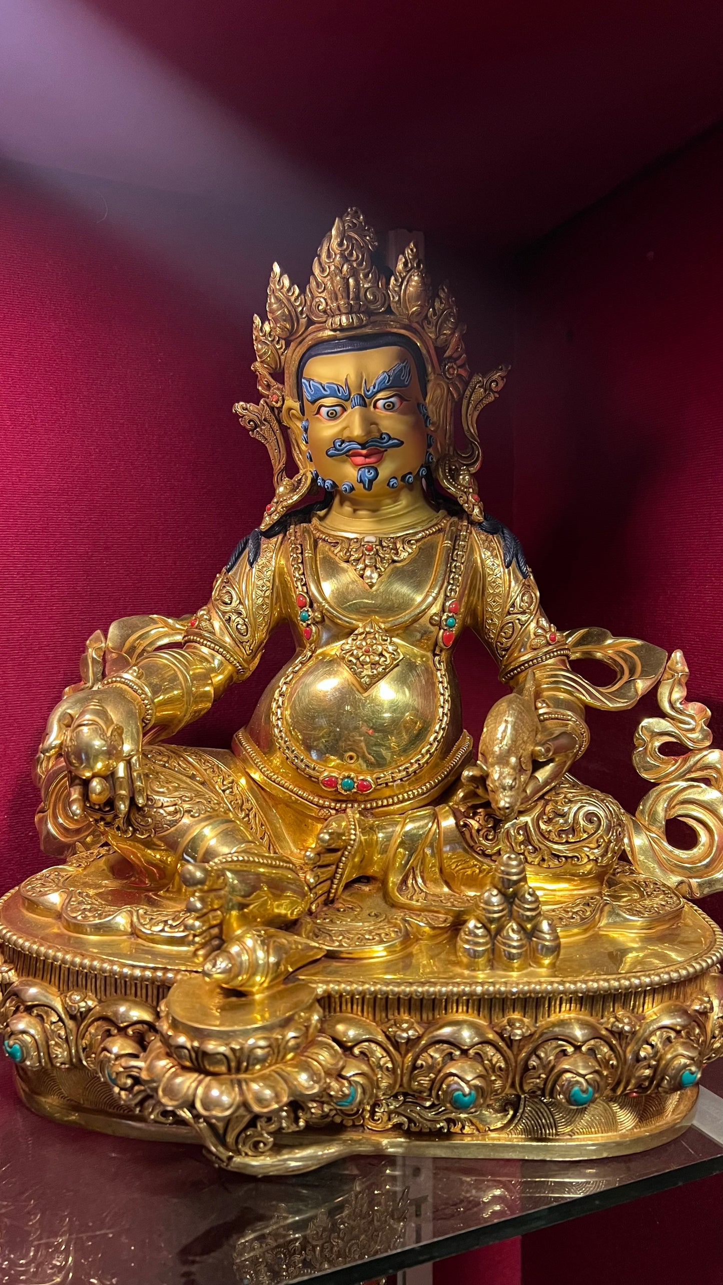 33cm Yellow Dzambhala Hand-Carved Brass Statue – Tibetan Buddhist Wealth Deity, Jambhala Kubera Altar Sculpture from Nepal – Handmade Tibetan Buddhist Statue, Lost-Wax Cast Himalayan Art from Nepal