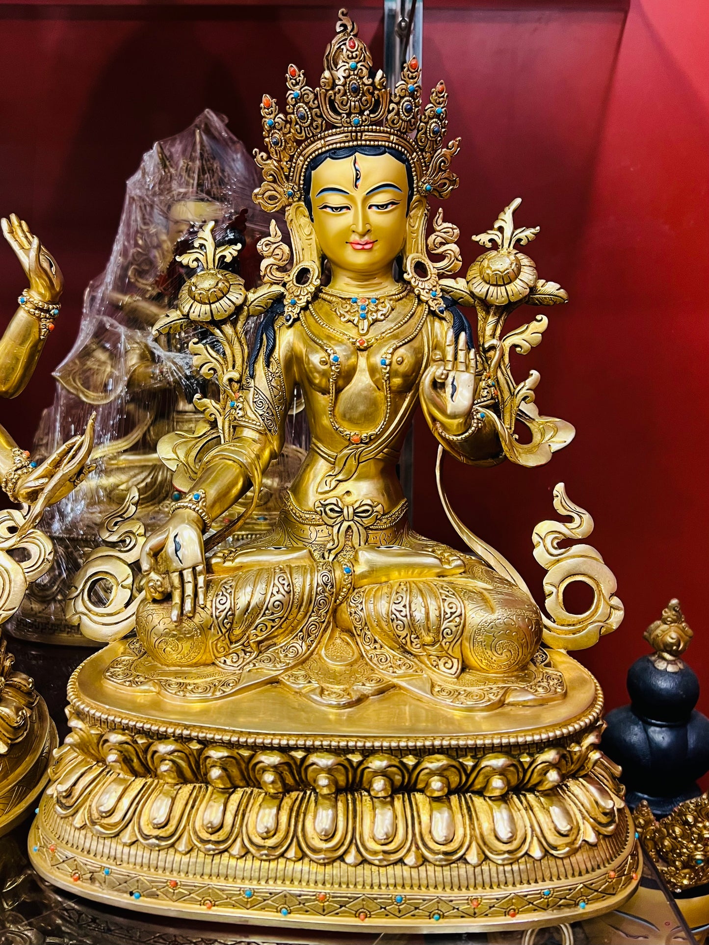 White Tara Buddha Statue 34cm / 13.4" Hand-Carved Copper Gilded with Gemstone Inlay – Sitatara Himalayan Sacred Art – Handmade Tibetan Buddhist Statue, Lost-Wax Cast Himalayan Art from Nepal