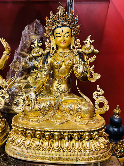 White Tara Buddha Statue 34cm / 13.4" Hand-Carved Copper Gilded with Gemstone Inlay – Sitatara Himalayan Sacred Art