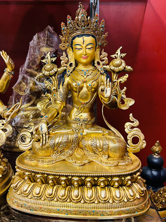 White Tara Buddha Statue 34cm / 13.4" Hand-Carved Copper Gilded with Gemstone Inlay – Sitatara Himalayan Sacred Art | Bo Tree Arts