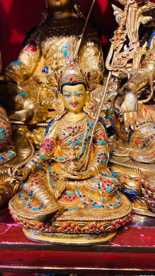 23cm Guru Rinpoche Padmasambhava Pure Hand-Carved Copper Statue – Gold-Plated with Inlaid Gemstones, Tibetan Style Masterwork Himalayan Art Nepal | Bo Tree Arts