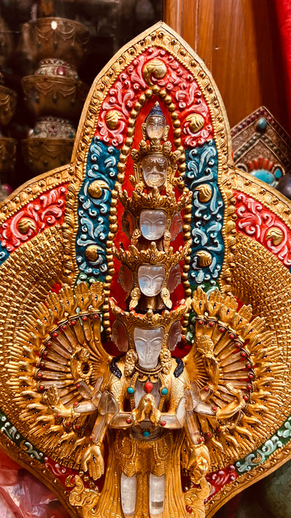 Thousand-Armed Avalokiteshvara Buddha Statue 50cm / 19.7" Hand-Carved Copper Gilded with Painted Mandorla & Crystal Faces – Chenrezig Himalayan Sacred Art