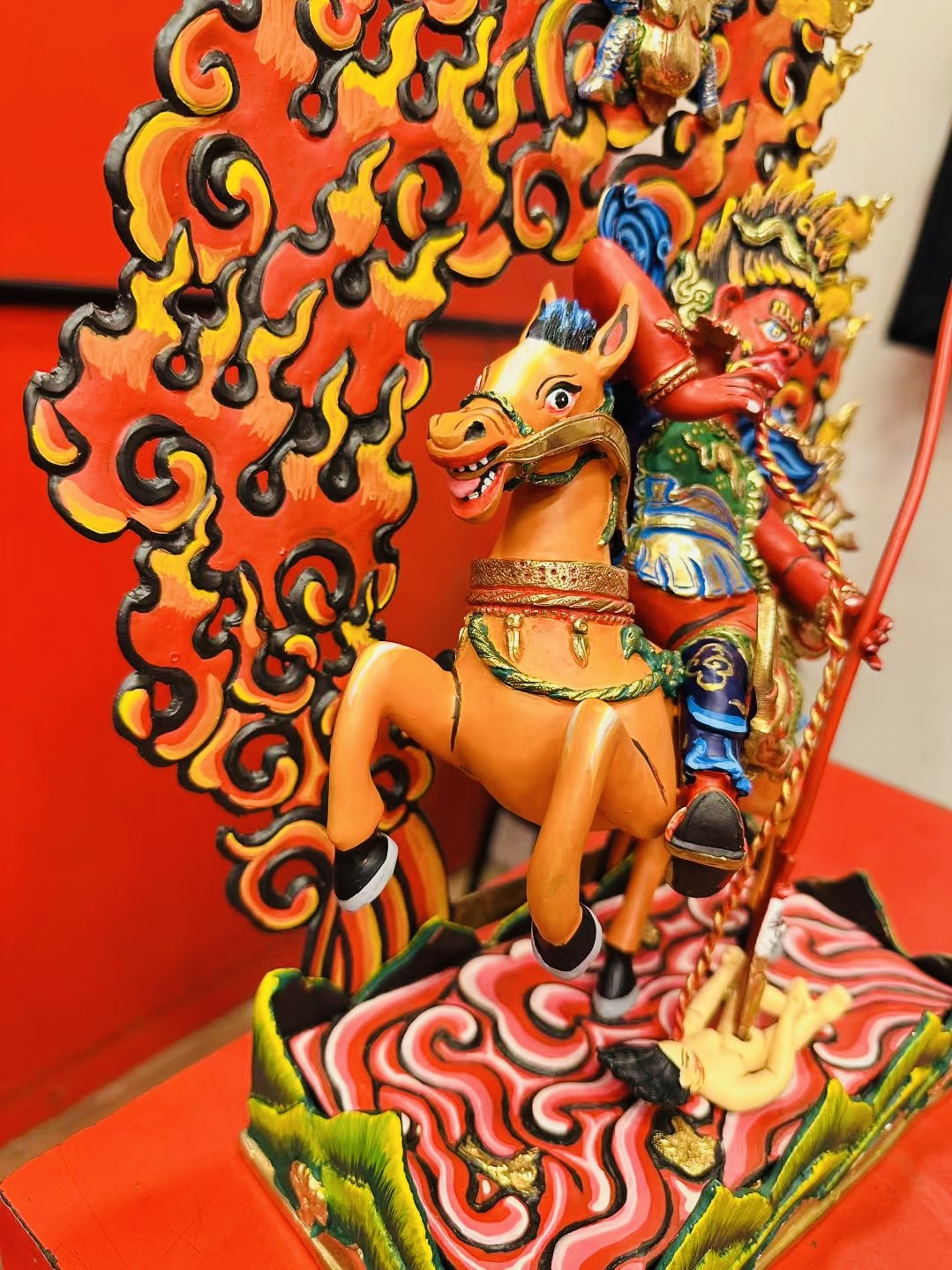 Tsamen Buddha Statue 33cm / 13" Hand-Carved Copper Painted – Red Protector on Horseback Masterwork Handmade in Nepal | Bo Tree Arts