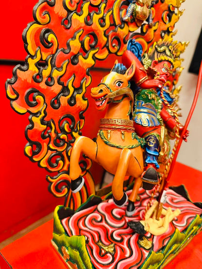 Tsamen Buddha Statue 33cm / 13" Hand-Carved Copper Painted – Red Protector on Horseback Masterwork Handmade in Nepal