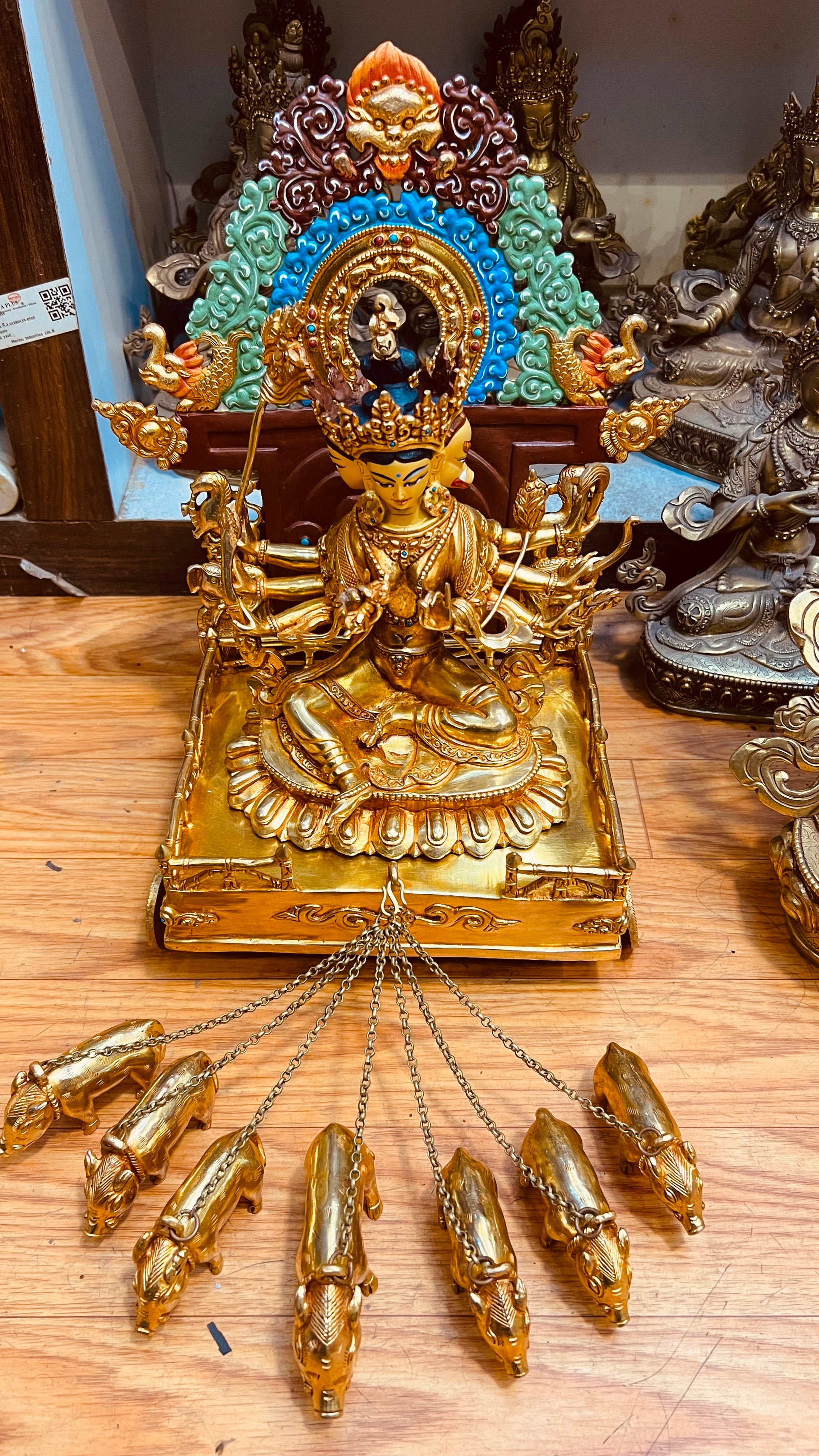 Marichi Buddha Statue 33cm / 13" Hand-Carved Copper Gilded with Mandorla – Light Goddess with Chariot Masterwork Sculpture | Bo Tree Arts