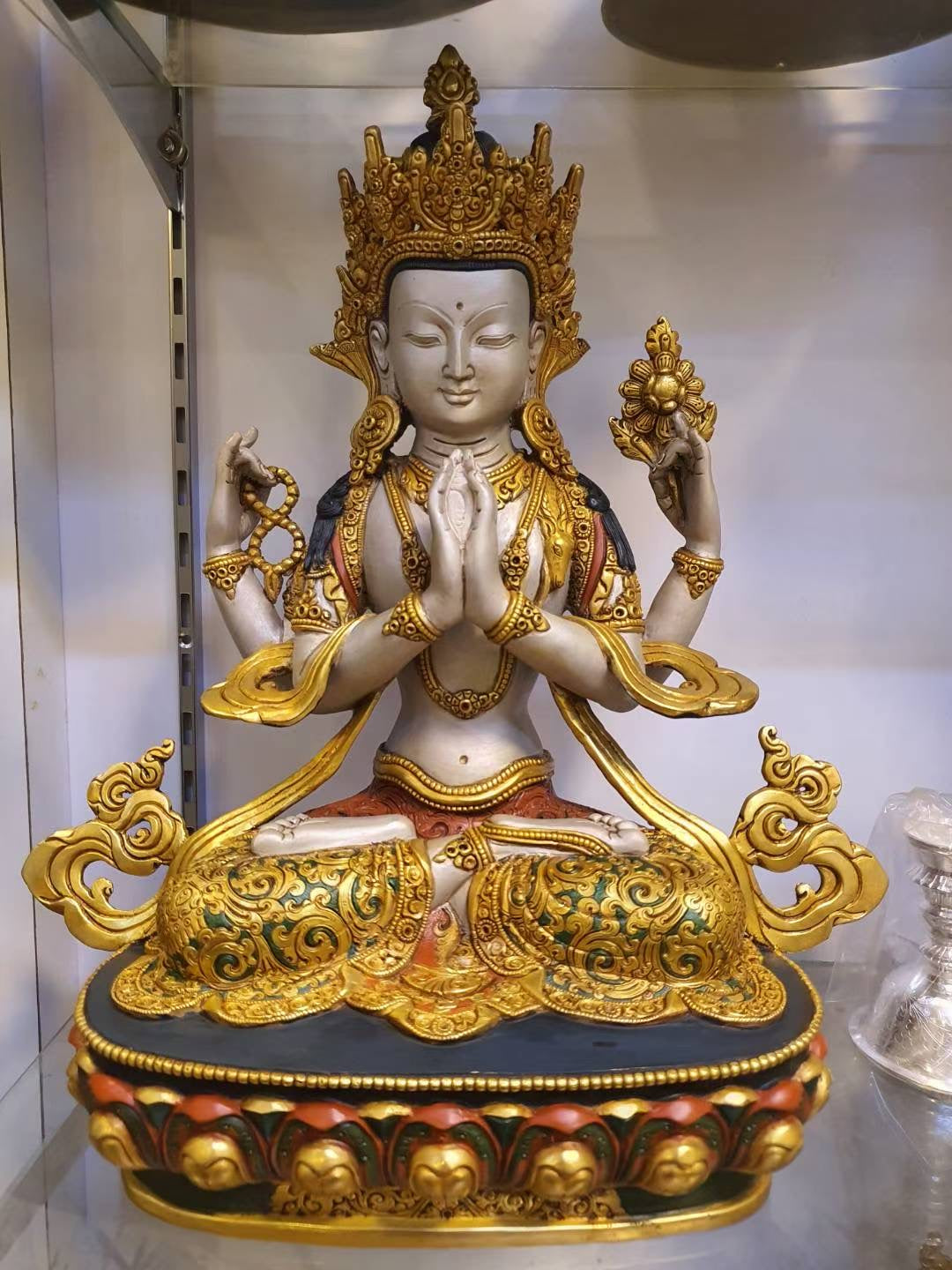 Four-Armed Avalokiteshvara Statue 33cm Hand-Carved Copper Gilded & Painted – Tibetan Style Bodhisattva Masterwork, Himalayan Art from Nepal – Handmade Tibetan Buddhist Statue, Lost-Wax Cast Himalayan Art from Nepal