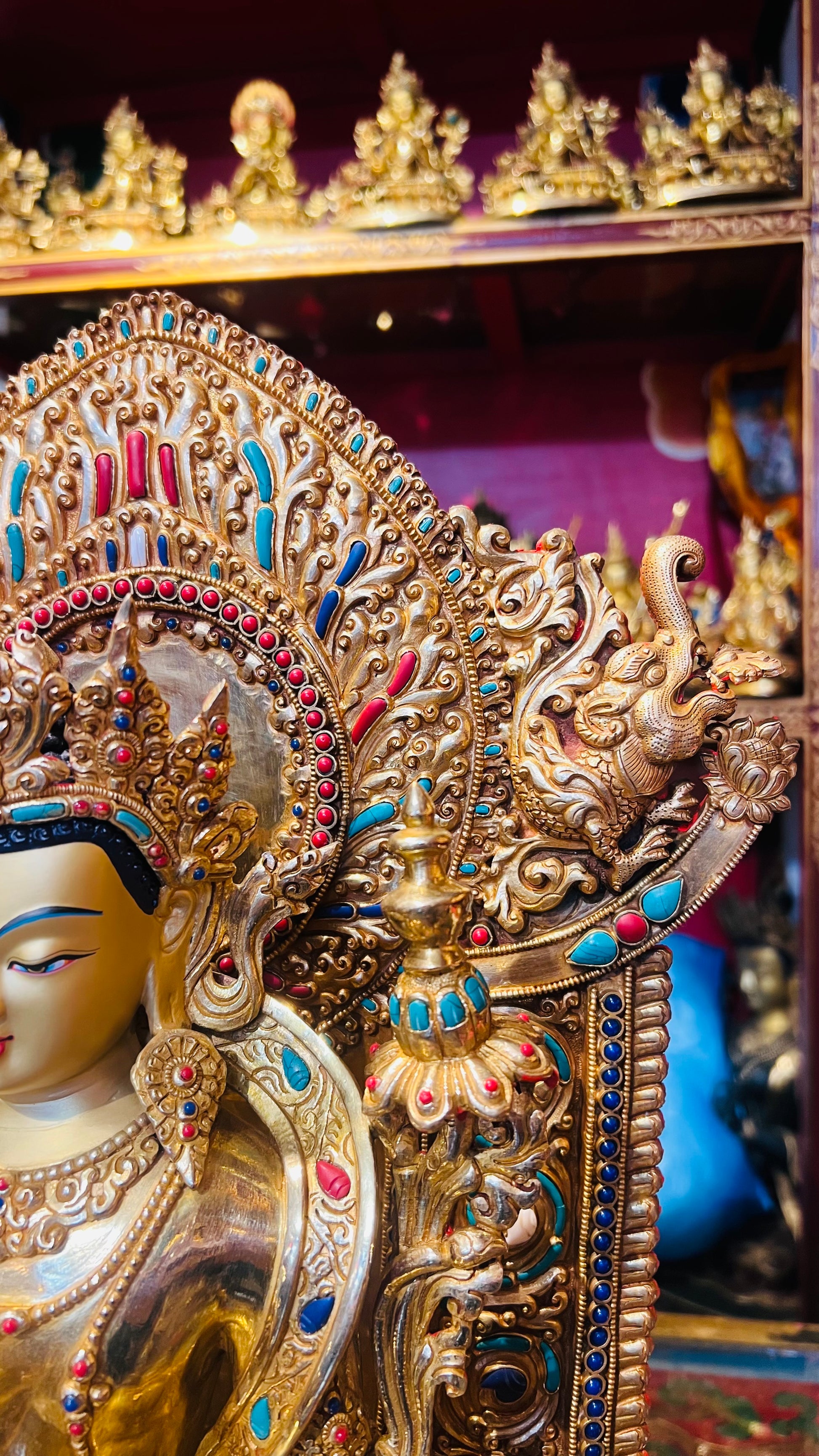 45cm Gilded Maitreya Buddha Statue with Crown – Handmade Copper Sculpture, Tibetan Style Future Buddha Art from Nepal | Bo Tree Arts