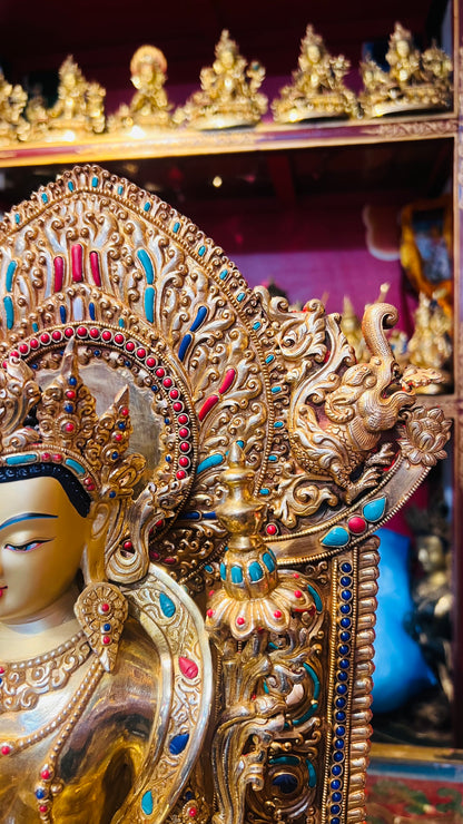 45cm Gilded Maitreya Buddha Statue with Crown – Handmade Copper Sculpture, Tibetan Style Future Buddha Art from Nepal