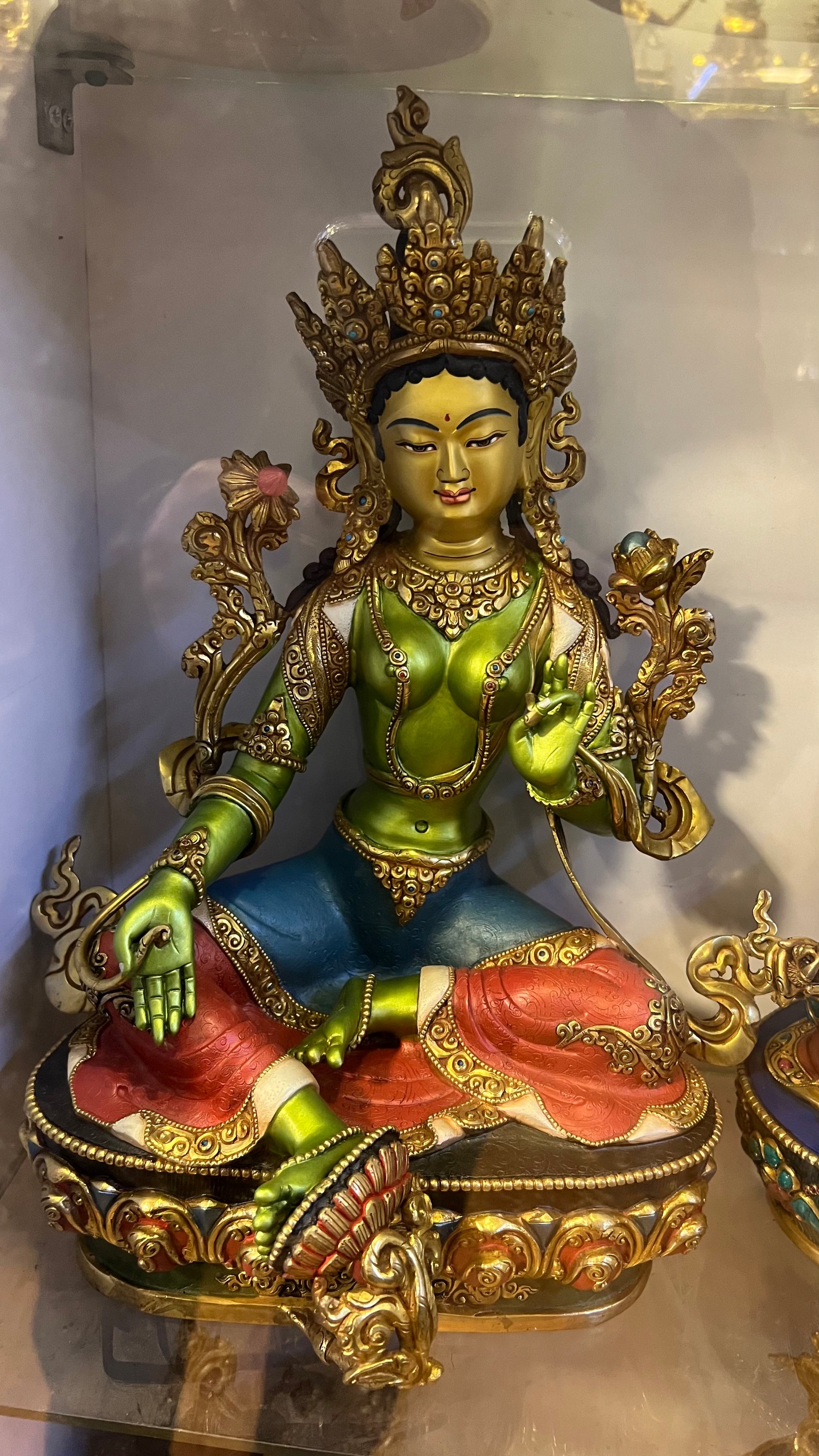 Green Tara Statue 35cm Hand-Carved Copper Gilded & Painted – Auspicious Red-Blue-Green Traditional Colors, Ancient Techniqu | Bo Tree Arts