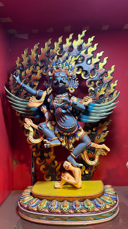 33cm Garuda Statue Hand-Carved Copper Painted with Flaming Mandorla – Blue-Black Body with Red & Yellow Flames, Tibetan Style Dharmapala Masterwork Nepal
