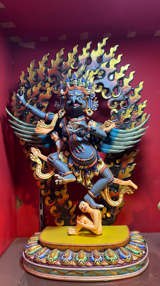 33cm Garuda Statue Hand-Carved Copper Painted with Flaming Mandorla – Blue-Black Body with Red & Yellow Flames, Tibetan Style Dharmapala Masterwork Nepal | Bo Tree Arts
