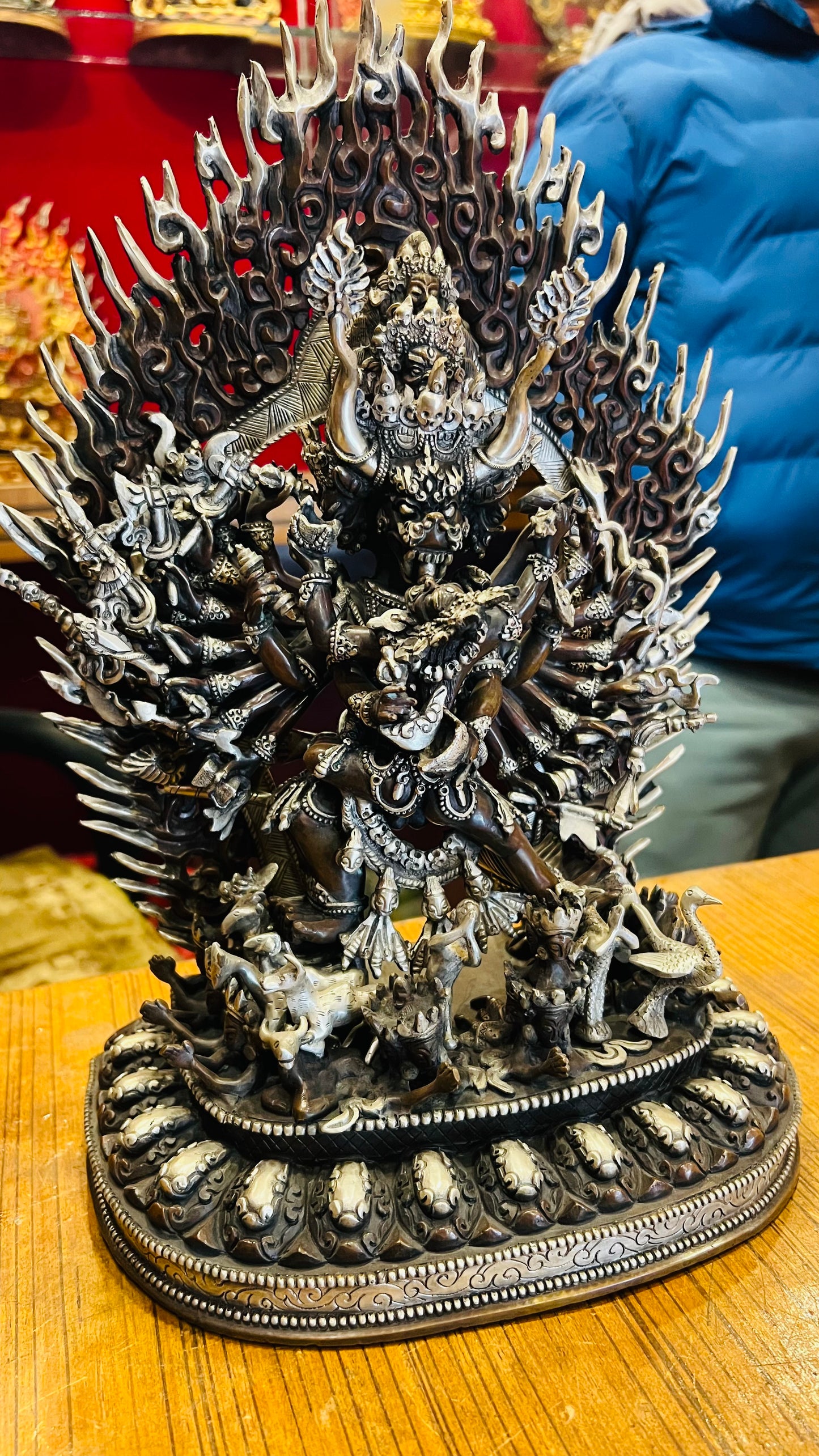 Yamantaka Yab-Yum Statue 37cm / 14.6" Hand-Carved Copper with Silver-Gilt Finish – Vajrabhairava Artisan Masterwork Nepal – Handmade Tibetan Buddhist Statue, Lost-Wax Cast Himalayan Art from Nepal