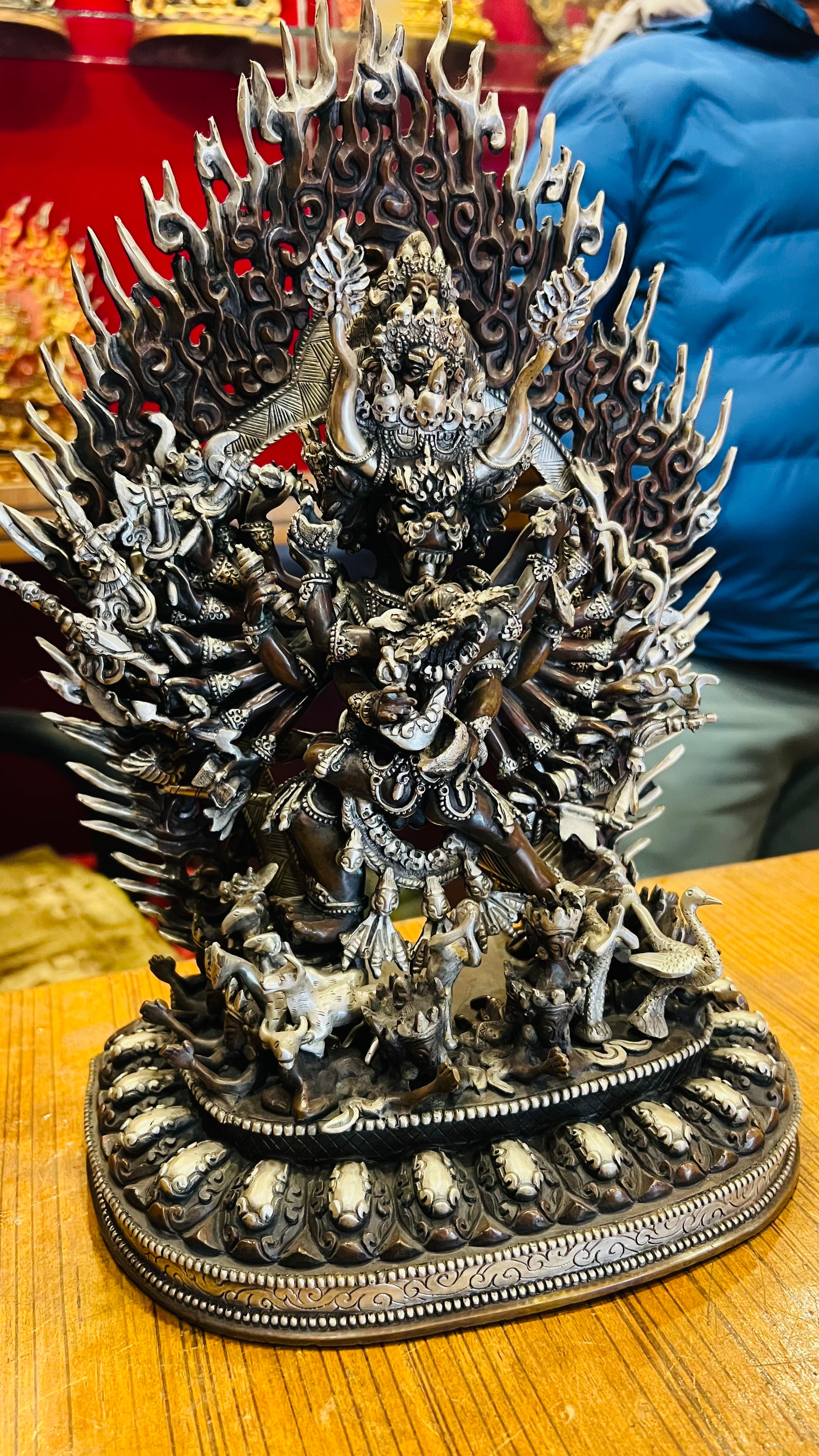 Yamantaka Yab-Yum Statue 37cm / 14.6" Hand-Carved Copper with Silver-Gilt Finish – Vajrabhairava Artisan Masterwork Nepal | Bo Tree Arts