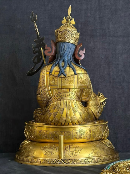 Padmasambhava (Guru Rinpoche) Buddha Statue  (48cm / 18.9" with Mandorla) Hand-Carved Copper with Gold-Gilded Face – Museum-Quality Rare Himalayan Art Nepal