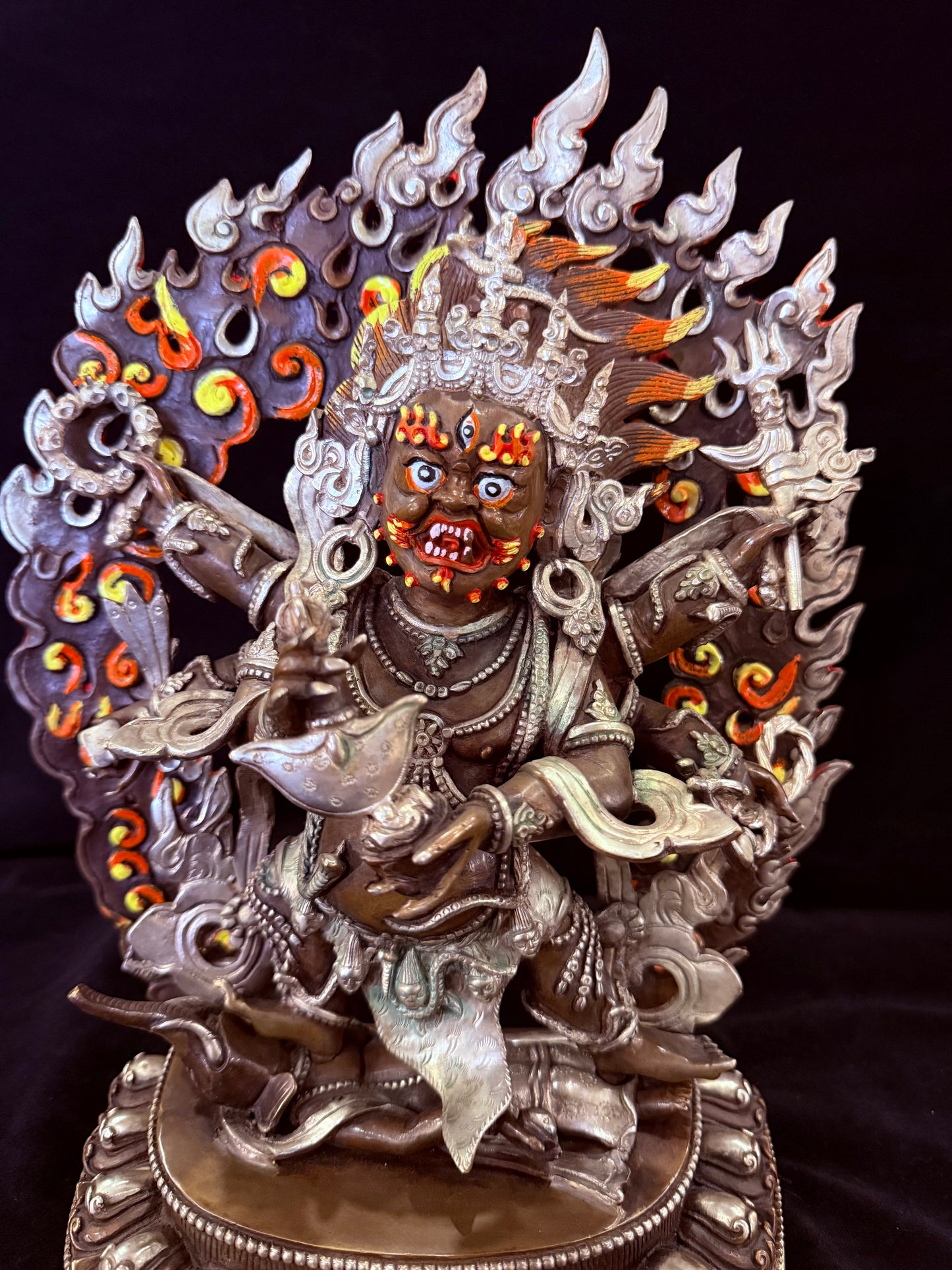 Six-Armed Mahakala Statue 33cm / 13" Hand-Carved Copper Silver-Gilt with Painted Mandorla – Shadbhuja Botree Arts Himalayan Art – Handmade Tibetan Buddhist Statue, Lost-Wax Cast Himalayan Art from Nepal