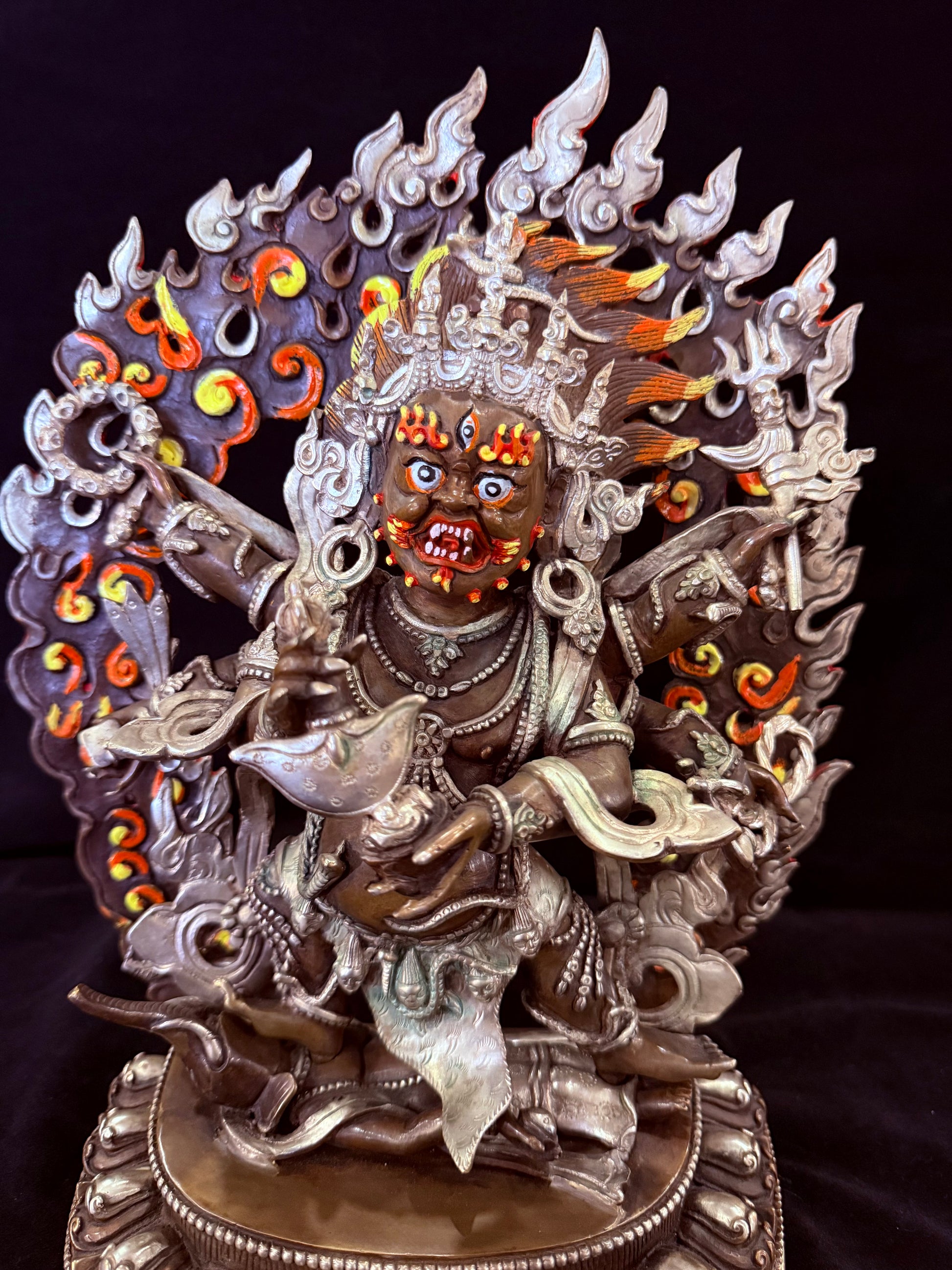 Six-Armed Mahakala Statue 33cm / 13" Hand-Carved Copper Silver-Gilt with Painted Mandorla – Shadbhuja Botree Arts Himalayan Art | Bo Tree Arts