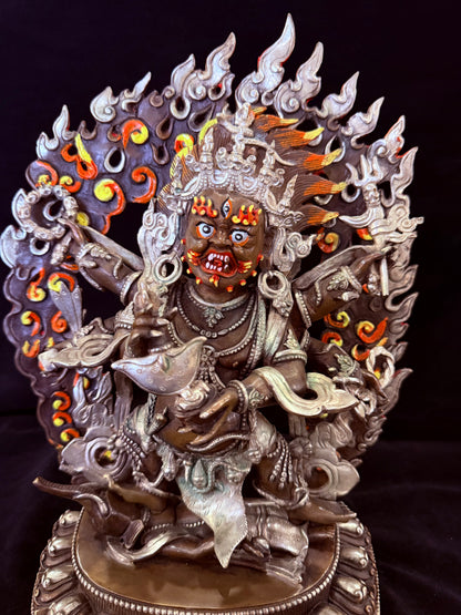 Six-Armed Mahakala Statue 33cm / 13" Hand-Carved Copper Silver-Gilt with Painted Mandorla – Shadbhuja Botree Arts Himalayan Art