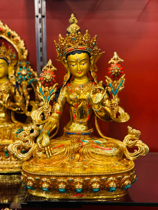 White Tara Buddha Statue 33cm / 13" Hand-Carved Copper Gilded with Gemstone Inlay – Botree Arts | Bo Tree Arts