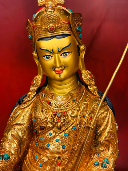 Guru Rinpoche Buddha Statue 33cm / 13" Hand-Carved Copper Gilded with Gemstone Inlay – from Nepal