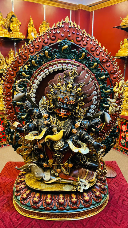 Six-Armed Mahakala Hand-Carved Copper Painted Statue 88cm / 34.6" – Museum-Quality Masterwork, Ancient Technique Himalayan Art Nepal