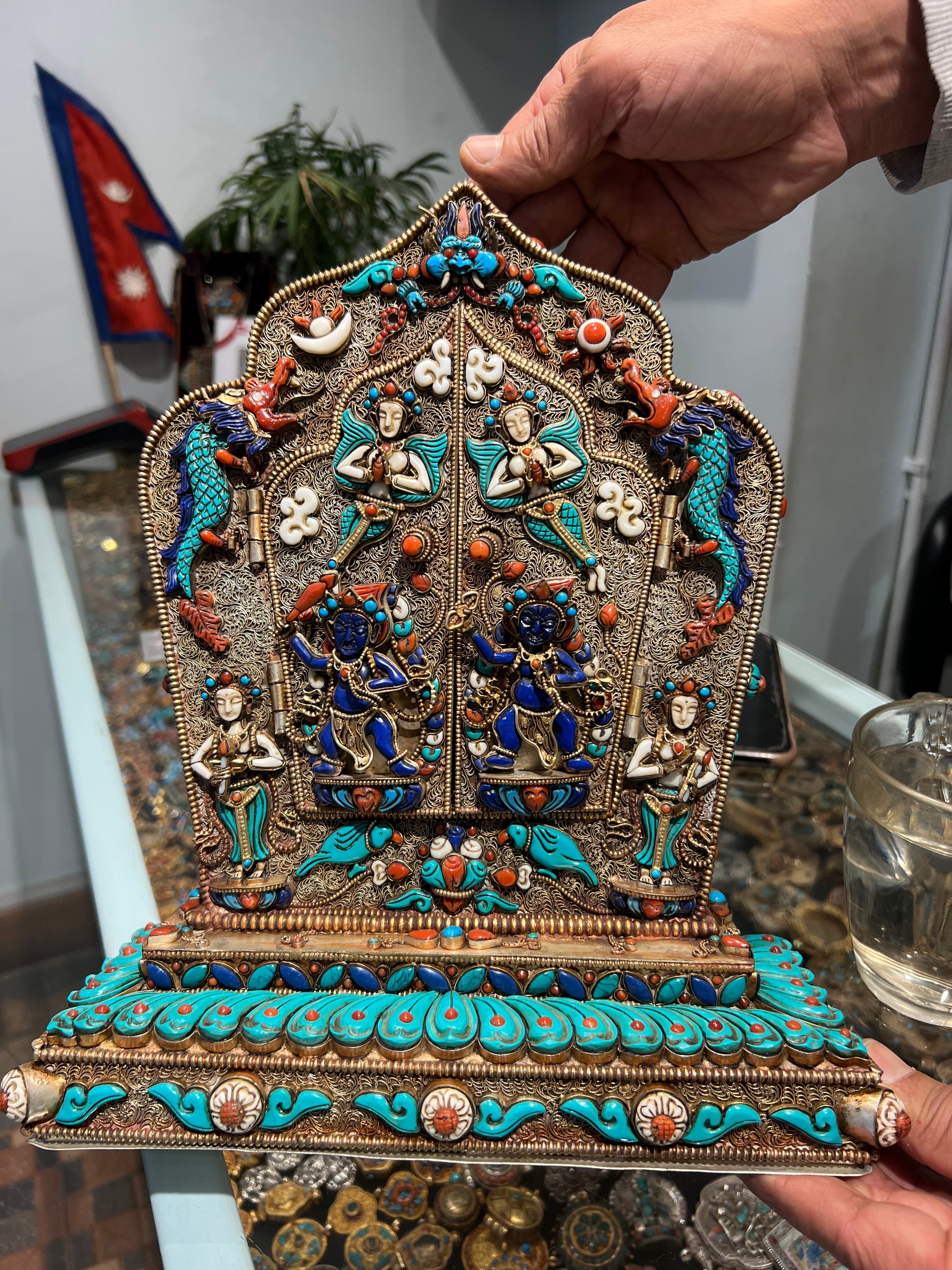 Gau Shrine 29.5cm / 11.6” x 25cm / 9.8” x 10cm / 3.9” Handcrafted with Turquoise & Lapis Lazuli – Portable Ritual Shrine Botree Arts Collection | Bo Tree Arts
