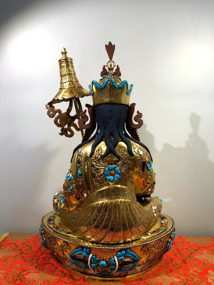 Guru Jambhala Buddha Statue 48cm / 18.9" Hand-Carved Copper Gilded with Gemstone Inlay – Lotus-Born Wealth Deity Himalayan Art Collection Nepal