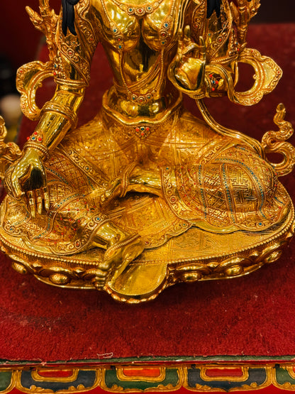 Green Tara Buddha Statue 50cm / 19.7" Hand-Carved Copper Gilded with Gemstone Inlay – Syamatara Botree Arts Nepal