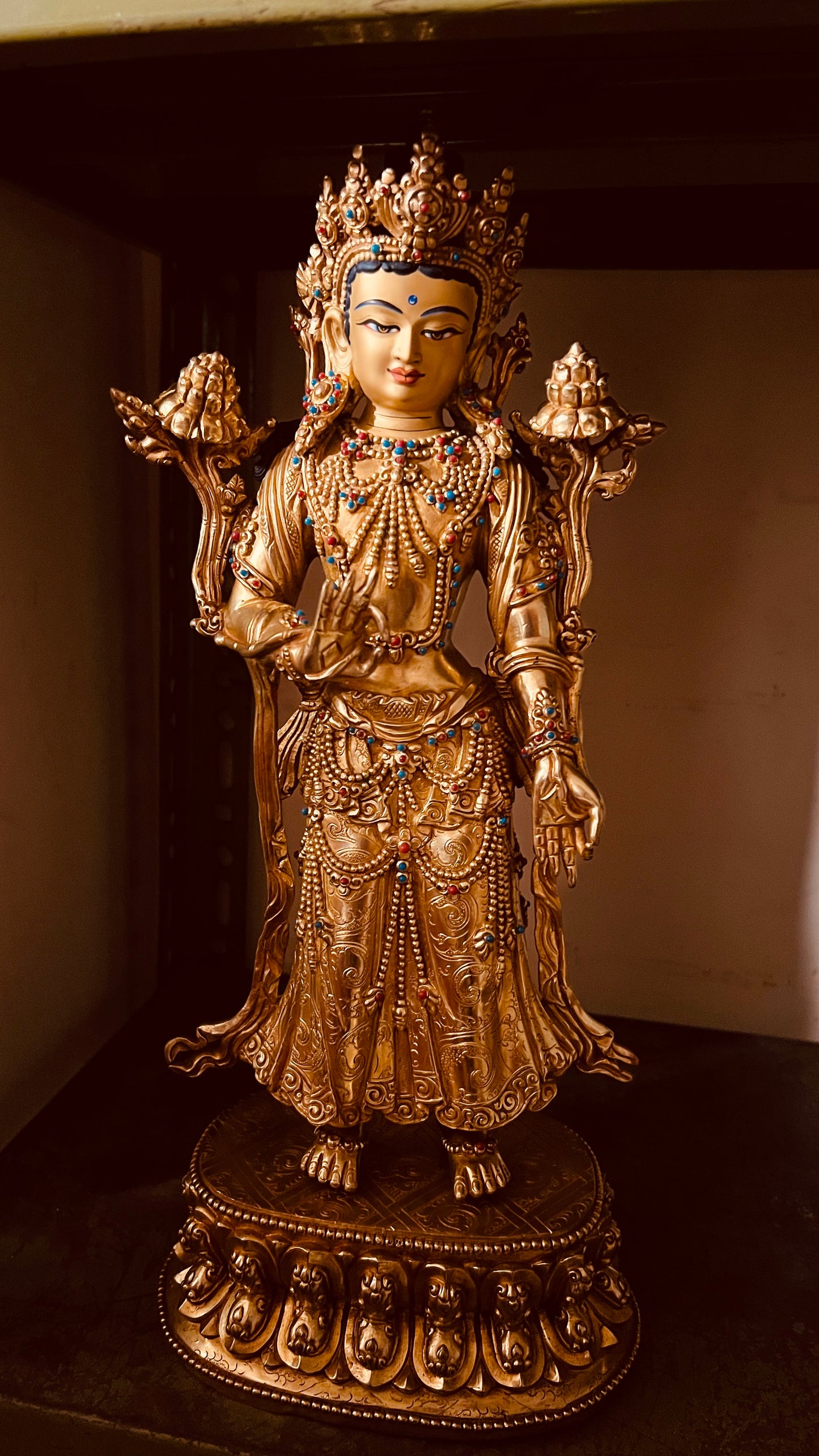 Green Tara Buddha Statue 35cm / 13.8" Hand-Carved Copper Gilded – Standing Syamatara Spiritual Art Masterwork Nepal – Handmade Tibetan Buddhist Statue, Lost-Wax Cast Himalayan Art from Nepal