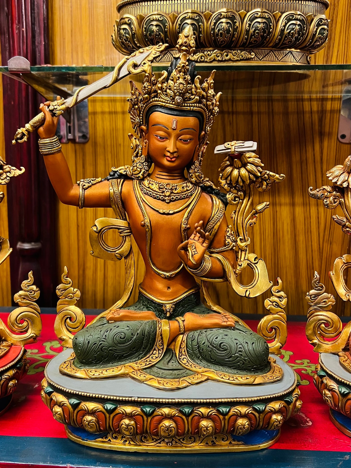 Manjushri Five Deities Set Buddha Statues 34cm / 13.4" Hand-Carved Copper Painted with Gilded Accents – Shakya Clan Masterwork Nepal – Handmade Tibetan Buddhist Statue, Lost-Wax Cast Himalayan Art from Nepal