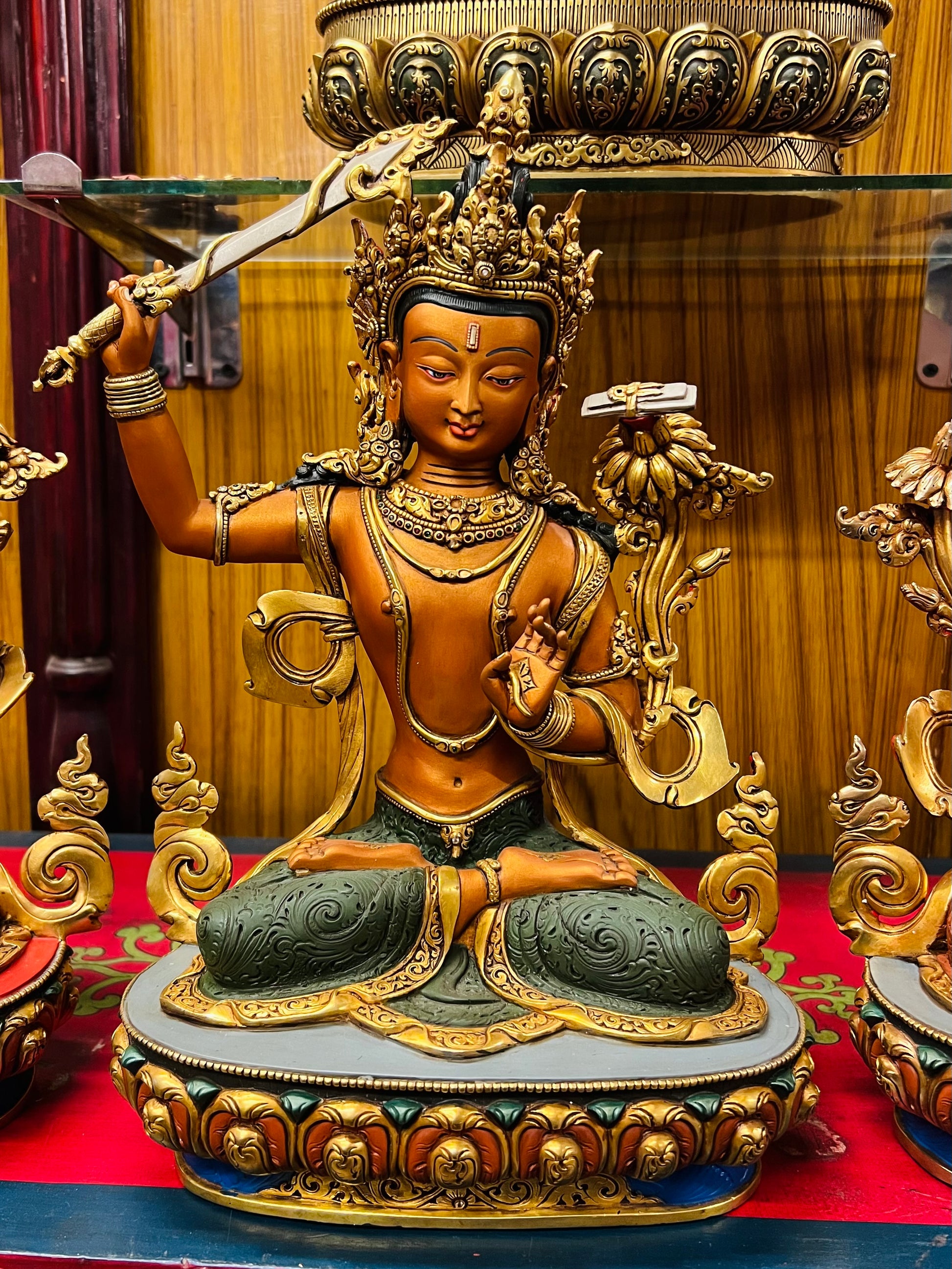 Manjushri Five Deities Set Buddha Statues 34cm / 13.4" Hand-Carved Copper Painted with Gilded Accents – Shakya Clan Masterwork Nepal | Bo Tree Arts